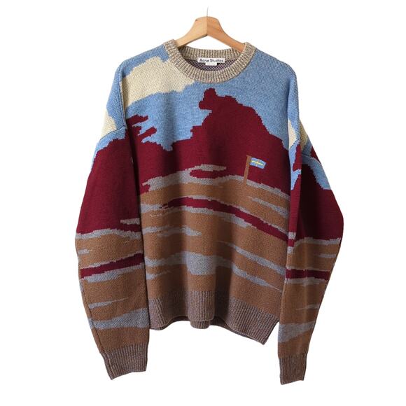 ACNE STUDIOS Brown Patterned Jacquard Knit Sweater Mens Shirt Wool Crewneck S - Picture 2 of 8